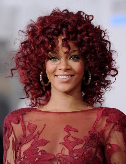 Rihanna Medium Length Red Curly Hairstyle