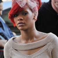 Rihanna Red Updo with Hair Bow