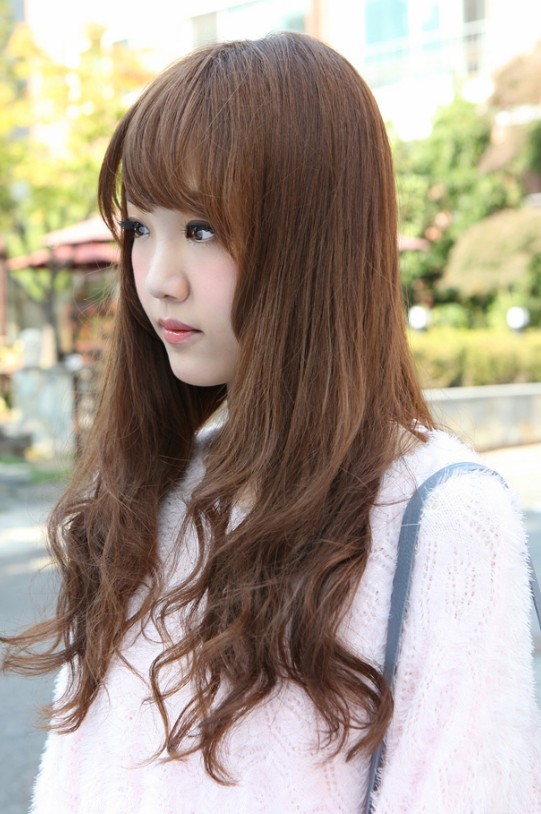 Cute Korean Hair Style For Girl S Long Brown Hair With Bangs Purple Softly Area