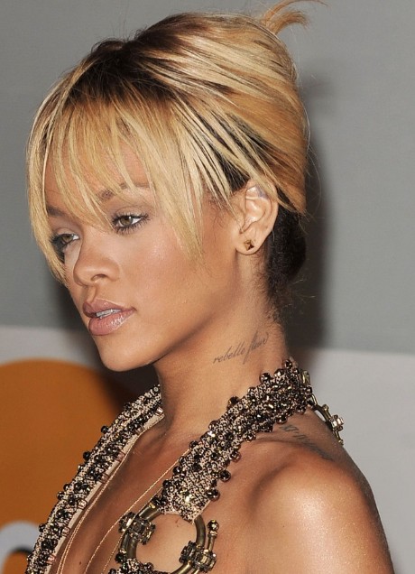 Rihanna French Twist Updo Hairstyle with Wispy Bangs - Hairstyles Weekly