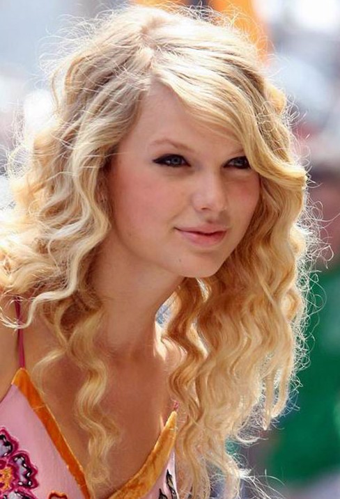 2013 Long Blonde Curly Hairstyles With Side Swept Bangs