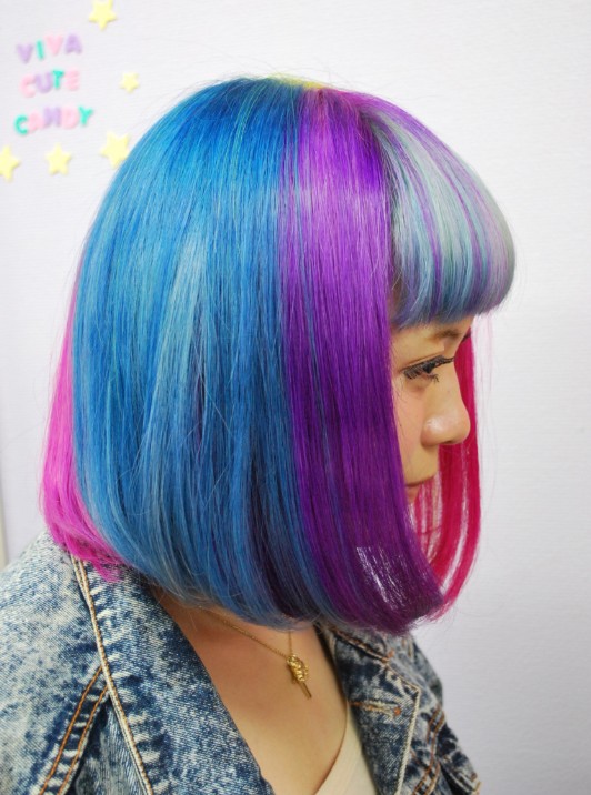 Short Straight Rainbow Bob Hairstyle with Blunt Bangs 