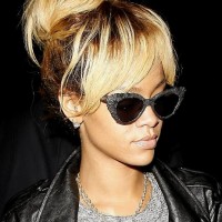 Rihanna High Bun Updo : Stylish Messy Bun Updos with Bangs