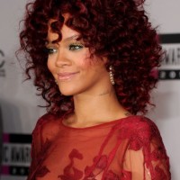 Rihanna Red Curly Hairstyles with Layers