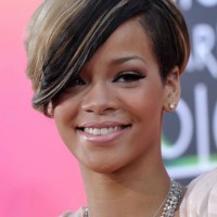 Rihanna Short Haircut with Side Swept Bangs