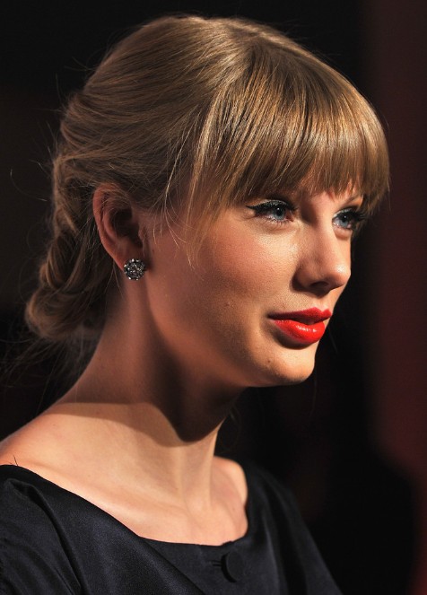 Taylor Swift Braided Updo with Sleek Blunt Bangs 