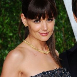 Katie Holmes Ponytail Hairstyle with Blunt Bangs