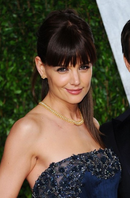 Katie Holmes Ponytail Hairstyle with Blunt Bangs