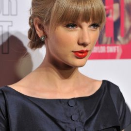 Taylor Swift Braided Updo with Blunt Bangs