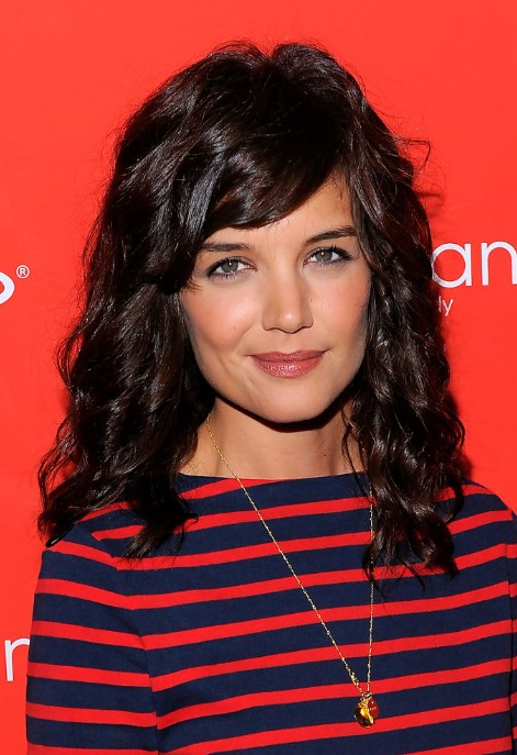 Katie Holmes Dark Brown Curly Hairstyle with Side Swept 