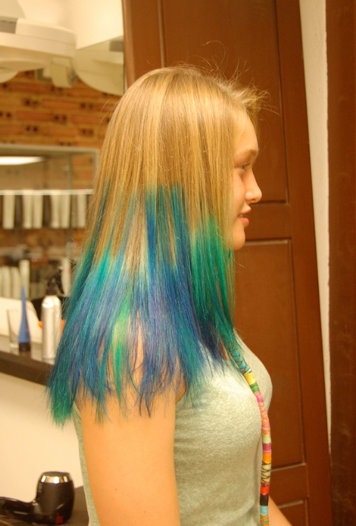 Side View of Long Blue Green Hairstyle