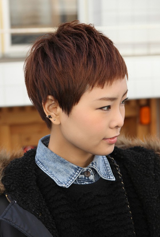 Short Boyish Asian Hairstyle for Women - Brown Pixie Cut with Bangs