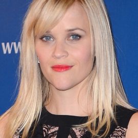 Reese Witherspoon Long Blonde Side Parted Sleek Hairstyle with Side Bangs