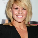 Kimberly Caldwell short blonde bob hairstyle with side swept bangs