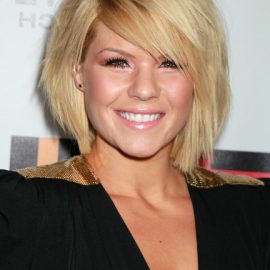 Kimberly Caldwell short blonde bob hairstyle with side swept bangs