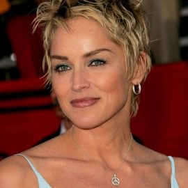 Layered tousled short pixie haircut for women over 50: Sharon Stone Hairstyles