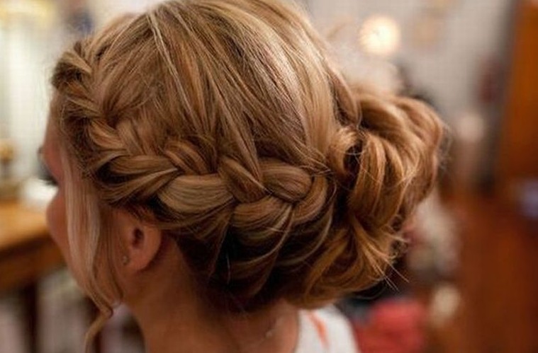 Image of Chignon with side braid wedding hairstyle for long face