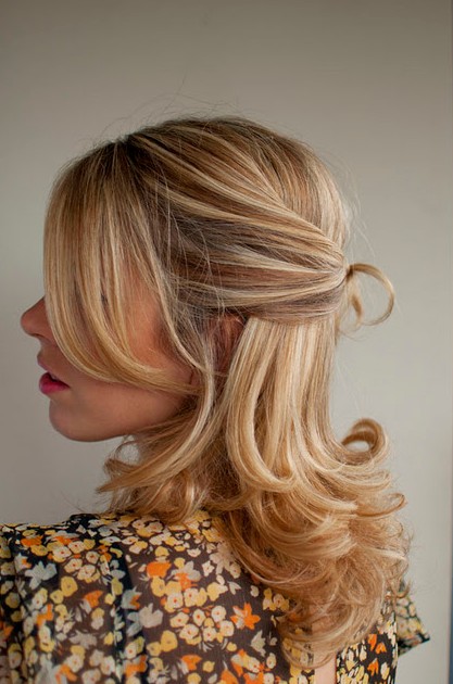 Image of Half-up, half-down style hairstyle for long layered hair