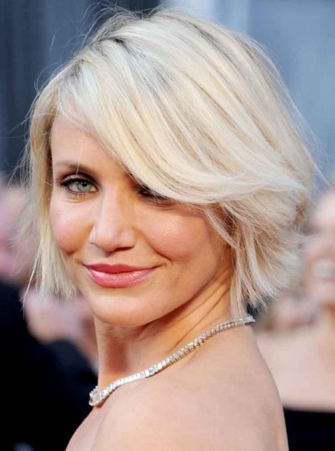 Cameron Diaz Hairstyle- Chic short blonde bob cut with bangs