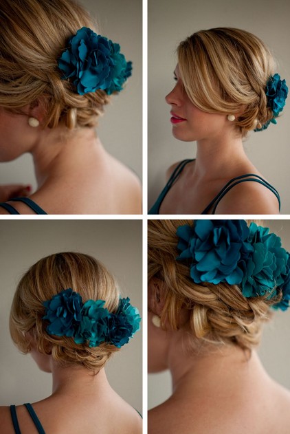 Low Braided Updo with Blue Hair Accessory