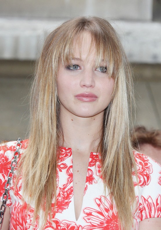 Jennifer Lawrence Long Straight Cut with Razor Bangs for Winter