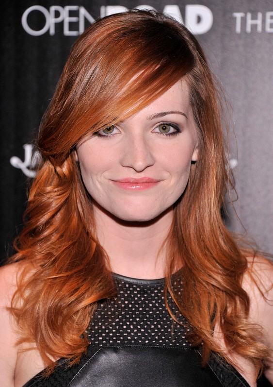 Raeden Greer Long Red Wavy Hairstyle with Side Swept Bangs for Women