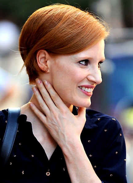Jessica Chastain Short Bob Hairstyle with Bright Color