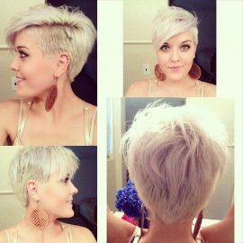 Different view of Platinum Blonde Shaggy Haircut with Long Side Swept Bangs