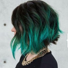 Messy dark to green ombre Bob Hairstyle