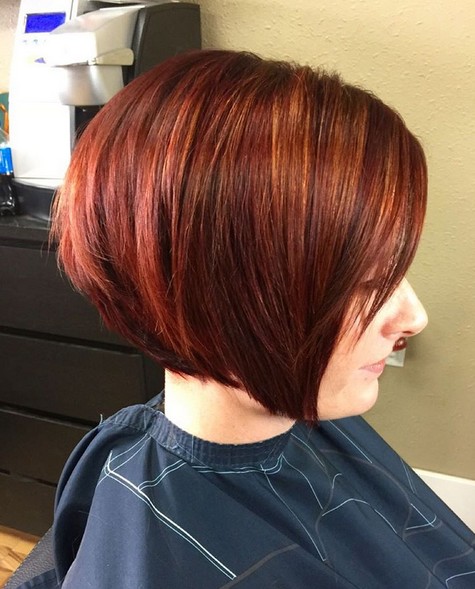 Short Haircut Inverted Bob With Red And Copper Baby Lights