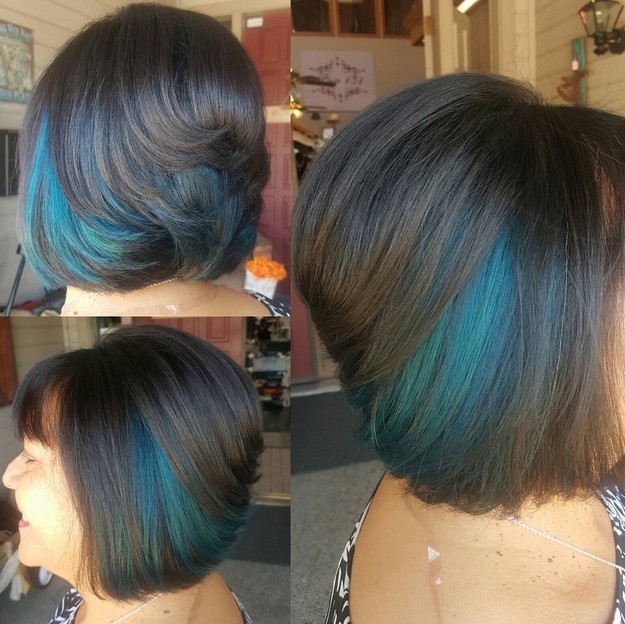 short stacked bob cut with dark blue hair color