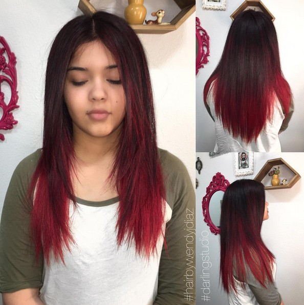 brown hair with bright red ombre