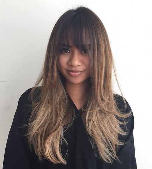 Image of Straight blunt bangs with long layered hair