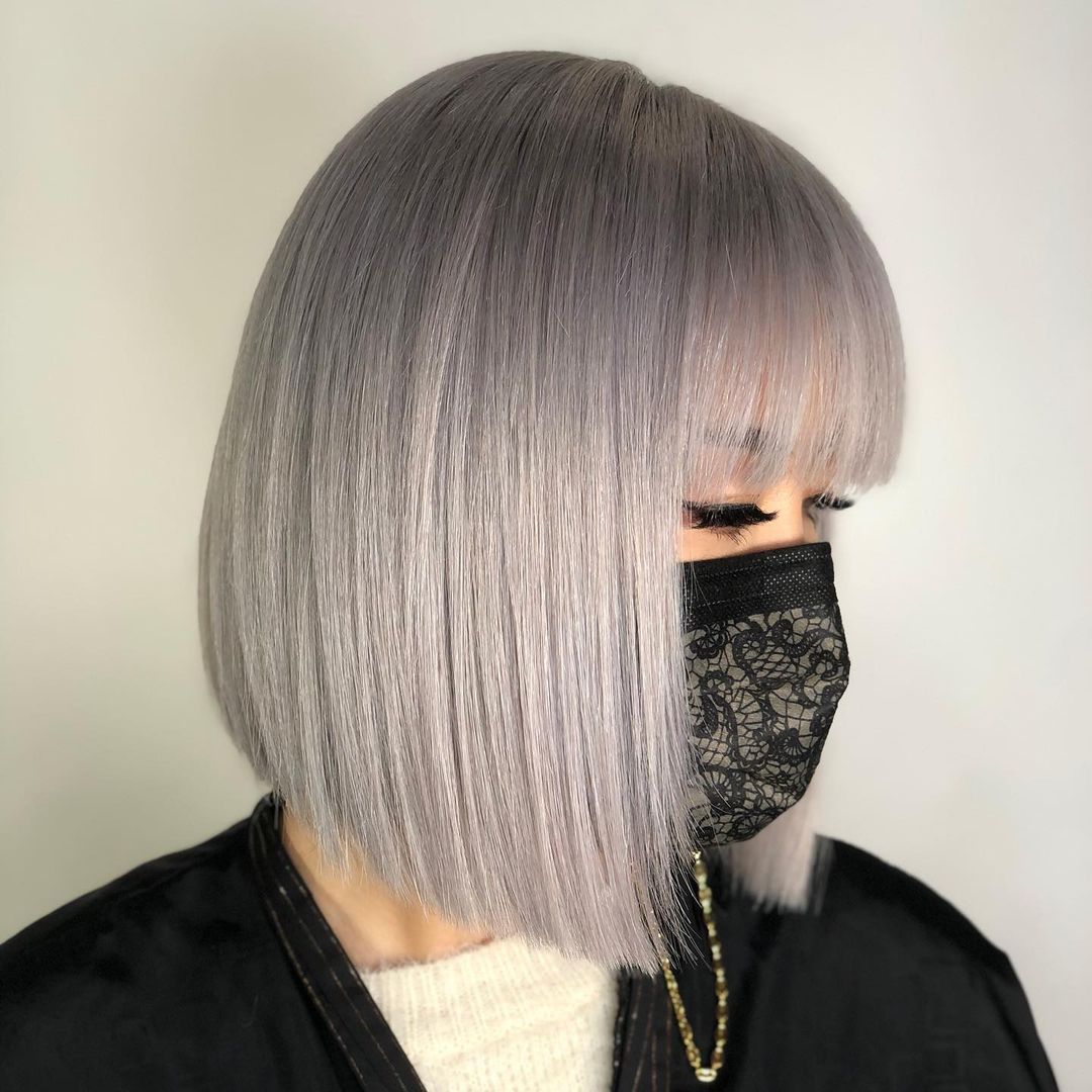 Greige Straight Short Bob With Long Bangs